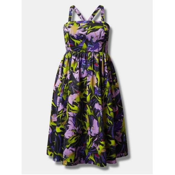 TORRID NWT DISNEY VILLAINS MALEFICENT MIDI STRETCH POPLIN DRESS HALLOWEEN - Picture 1 of 5